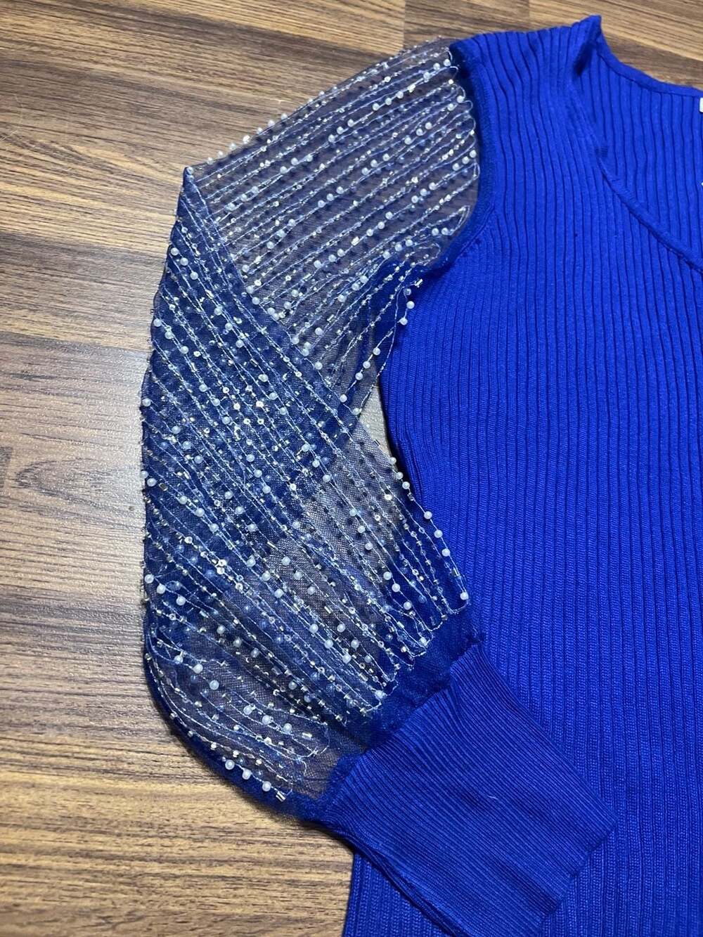 NWT Cato Blue Sweater Puff Sleeve Sparkly Rhinestone - Picture 2 of 3